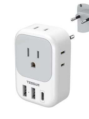TESSAN European Travel Plug Adapter. 4 AC Outlets/ USB Ports — White/Grey